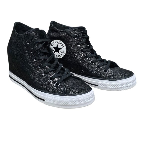 Converse Chuck Taylor All Star Lux Mid Hidden Wedge Black Textured Sneaker Shoe - Picture 3 of 10